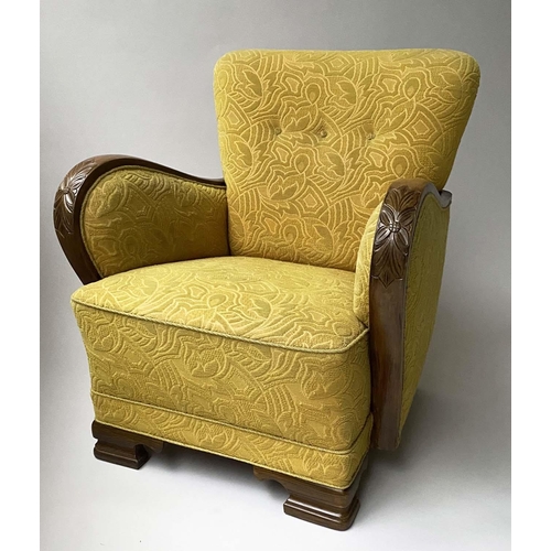 346 - DANISH ARMCHAIR, mid 20th century teak with cut buttoned yellow upholstery and curved arms, 70cm W.