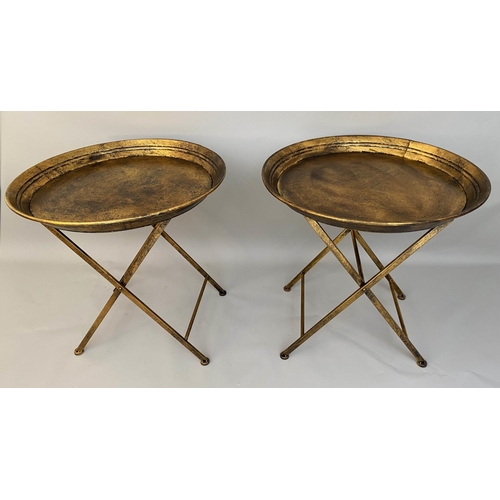 493 - SIDE TABLES, a pair, 66cm x 66cm x 66cm, aged gilt metal. (2)