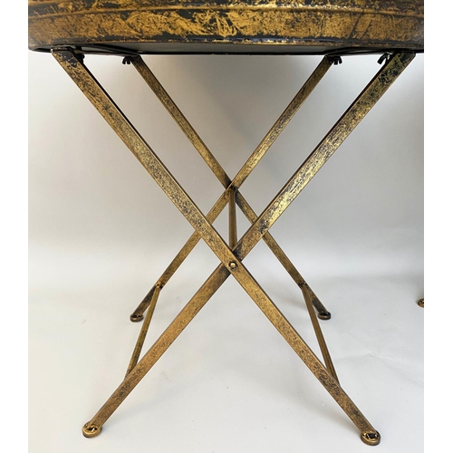 493 - SIDE TABLES, a pair, 66cm x 66cm x 66cm, aged gilt metal. (2)