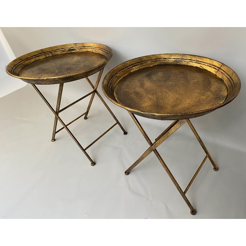 493 - SIDE TABLES, a pair, 66cm x 66cm x 66cm, aged gilt metal. (2)