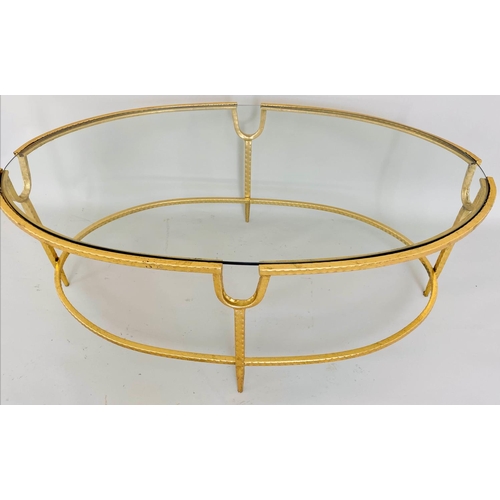 494 - MAISON BAGUES STYLE LOW TABLE, 38cm x 97cm x 59cm, gilt metal and glass.