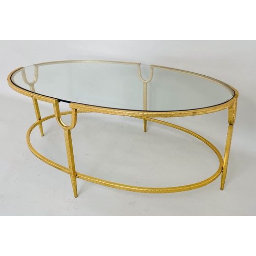 494 - MAISON BAGUES STYLE LOW TABLE, 38cm x 97cm x 59cm, gilt metal and glass.