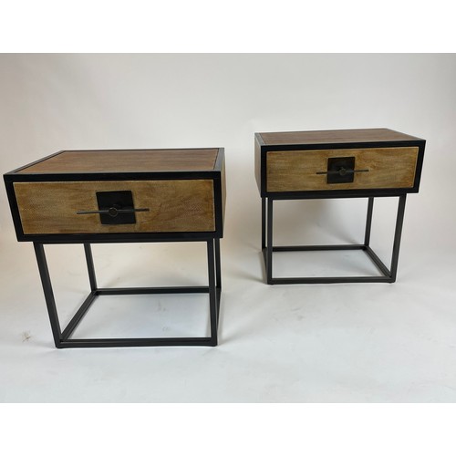 410 - BEDSIDE TABLES, a pair, faux shagreen with single drawer on black metal frames, 60cm x 40cm x 60cm. ... 