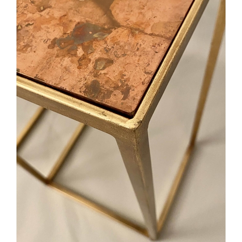 476 - SIDE TABLES, a pair, 46cm x 33cm x 70cm, gilt metal, coppered tops. (2)