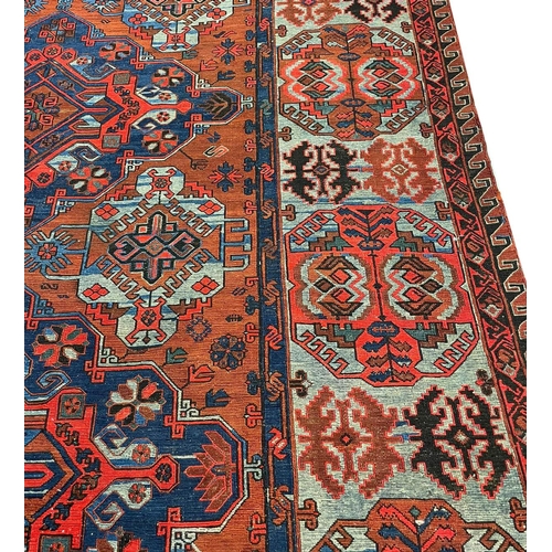 27 - ANTIQUE CAUCASIAN SOUMAK CARPET, 394cm x 217cm.