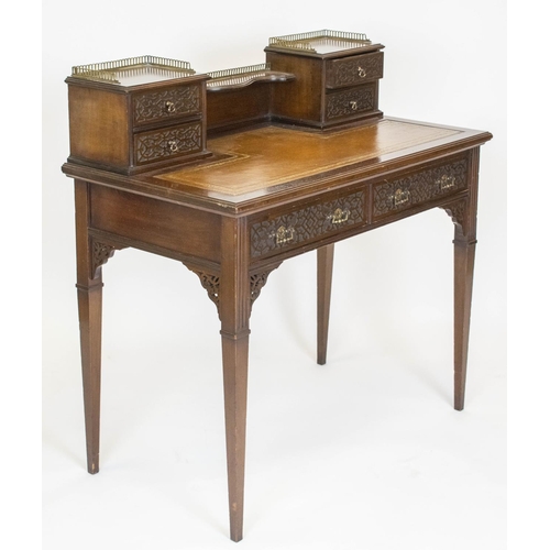 274 - DESK, 92cm H x 92cm x 51cm, Edwardian mahogany, with brass gallery above brown leather top and six b... 
