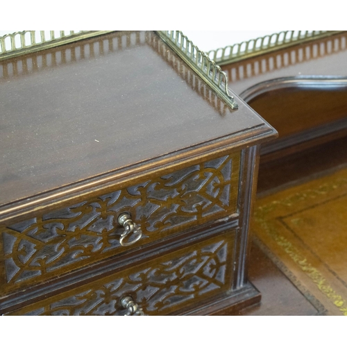 274 - DESK, 92cm H x 92cm x 51cm, Edwardian mahogany, with brass gallery above brown leather top and six b... 