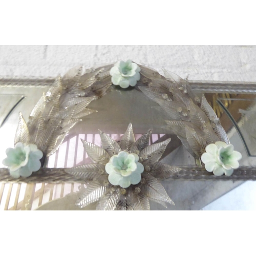 277 - VENETIAN MIRROR, 100cm x 201cm, early 20th century with coloured flower heads and etched effect deco... 