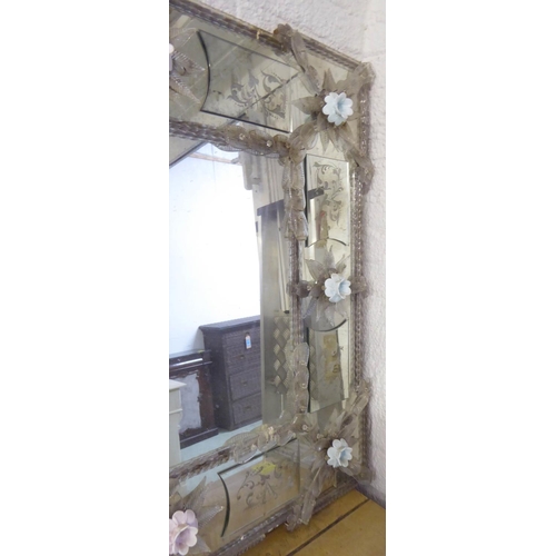 277 - VENETIAN MIRROR, 100cm x 201cm, early 20th century with coloured flower heads and etched effect deco... 
