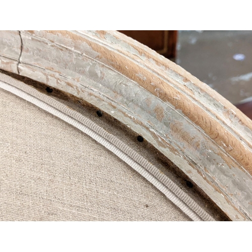 279 - CANAPE, 205cm L x 101cm H x 90cm D, Louis XVI style painted beechwood, reupholstered with natural li... 