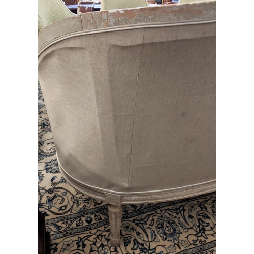 279 - CANAPE, 205cm L x 101cm H x 90cm D, Louis XVI style painted beechwood, reupholstered with natural li... 