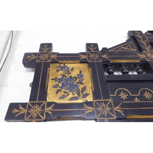 280 - AESTHETIC OVERMANTEL, 121cm W x 131cm H, Victorian ebonised with bird and floral decoration.