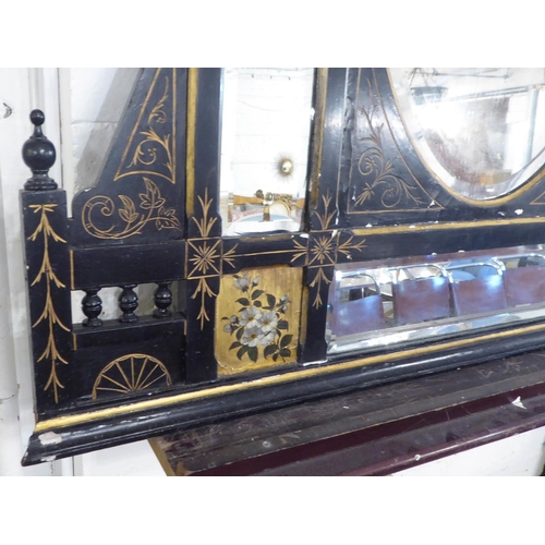 280 - AESTHETIC OVERMANTEL, 121cm W x 131cm H, Victorian ebonised with bird and floral decoration.