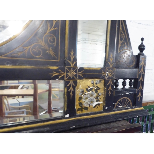 280 - AESTHETIC OVERMANTEL, 121cm W x 131cm H, Victorian ebonised with bird and floral decoration.
