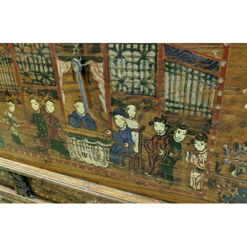 283 - CHINESE TRUNK, 112cm W x 68cm D x 76cm H 19th century elm with a rising lid and painted decoration.