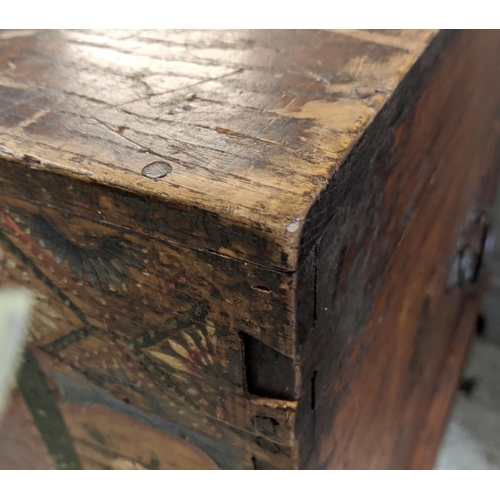 283 - CHINESE TRUNK, 112cm W x 68cm D x 76cm H 19th century elm with a rising lid and painted decoration.
