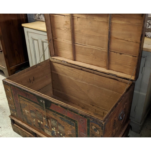 283 - CHINESE TRUNK, 112cm W x 68cm D x 76cm H 19th century elm with a rising lid and painted decoration.