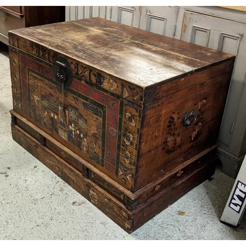 283 - CHINESE TRUNK, 112cm W x 68cm D x 76cm H 19th century elm with a rising lid and painted decoration.