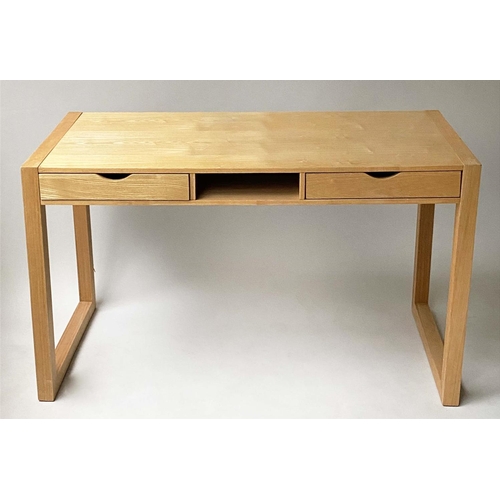 365 - WRITING TABLE, Contemporary, solid ash with three frieze drawers, tablet compartment and trestle end... 