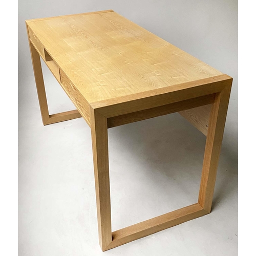 365 - WRITING TABLE, Contemporary, solid ash with three frieze drawers, tablet compartment and trestle end... 