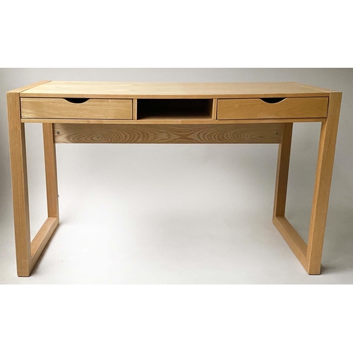 365 - WRITING TABLE, Contemporary, solid ash with three frieze drawers, tablet compartment and trestle end... 