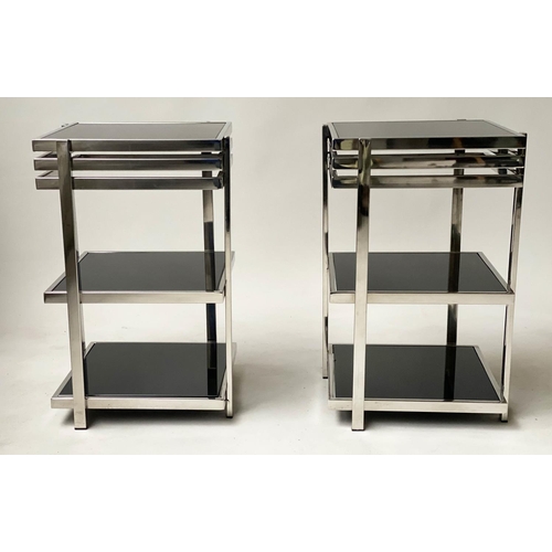 368 - EICHHOLTZ SIDE TABLES, a pair, aluminium framed with three tier glass shelves 50cm H x 32cm W x 32cm... 