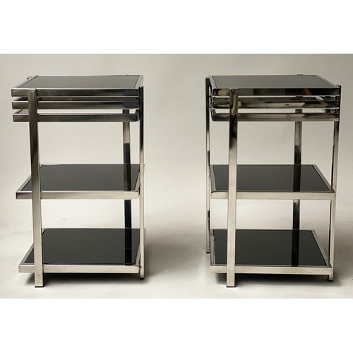 368 - EICHHOLTZ SIDE TABLES, a pair, aluminium framed with three tier glass shelves 50cm H x 32cm W x 32cm... 