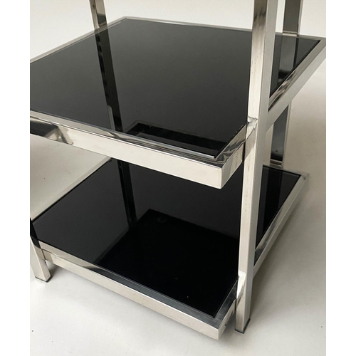 368 - EICHHOLTZ SIDE TABLES, a pair, aluminium framed with three tier glass shelves 50cm H x 32cm W x 32cm... 