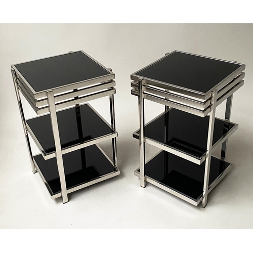 368 - EICHHOLTZ SIDE TABLES, a pair, aluminium framed with three tier glass shelves 50cm H x 32cm W x 32cm... 