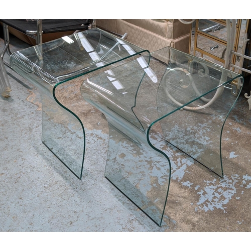 379 - GLASS SIDE TABLES, a pair, each 51cm x 40cm D x 57cm H. (2)