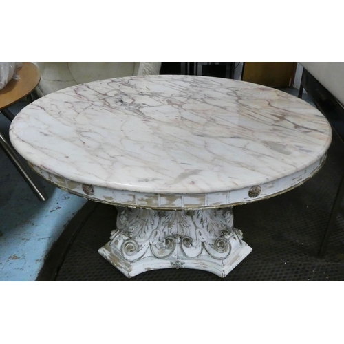 398 - DINING TABLE, 153cm x 77cm H, distressed carved base, stone top.