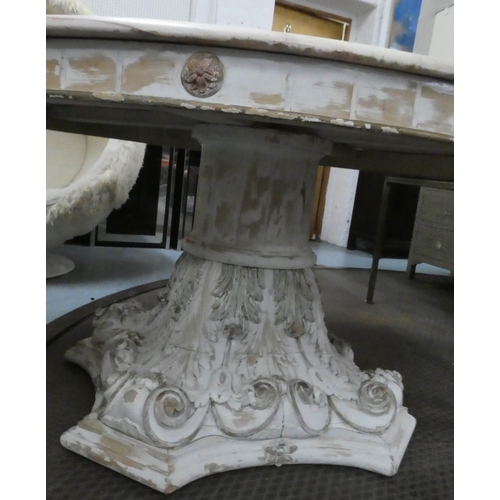 398 - DINING TABLE, 153cm x 77cm H, distressed carved base, stone top.