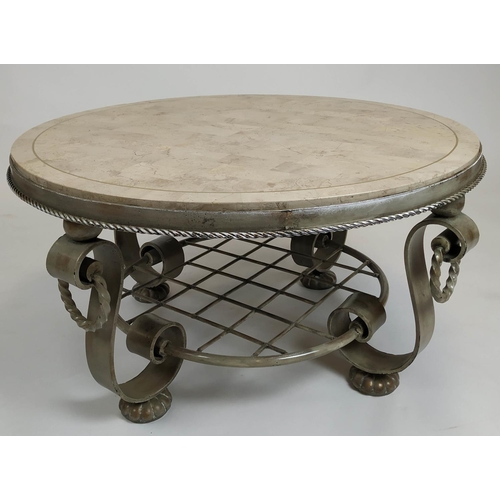 405 - COCKTAIL TABLE, 94cm x 50cm H, simulated stone top, scrolled metal base gilt, inlay to top.