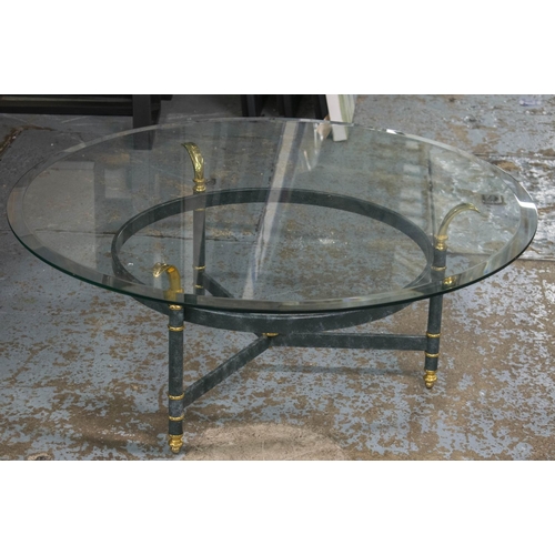 440 - LOW TABLE, 39cm H x 97cm D, verdi gris painted metal and brass with bevelled circular glass top.
