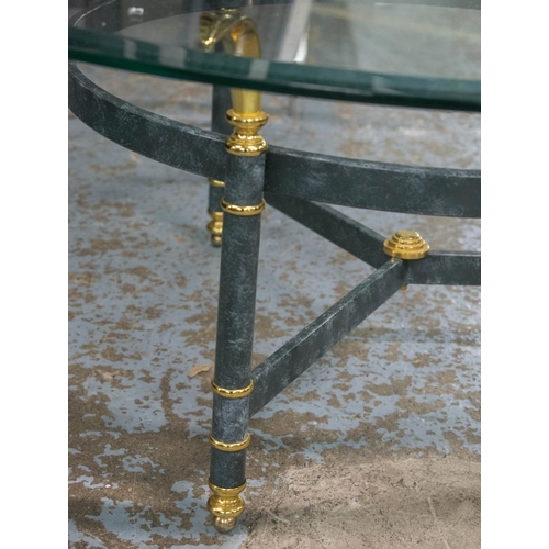 440 - LOW TABLE, 39cm H x 97cm D, verdi gris painted metal and brass with bevelled circular glass top.