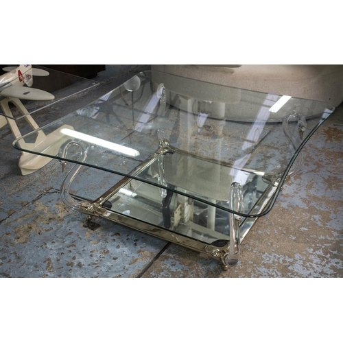 441 - SWAN LOW TABLE, 43cm H x 110 W x 110cm D, lucite and brass, with concave glass top and mirrored unde... 