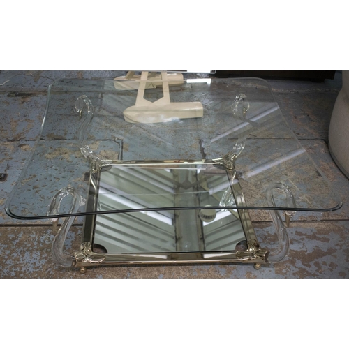 441 - SWAN LOW TABLE, 43cm H x 110 W x 110cm D, lucite and brass, with concave glass top and mirrored unde... 