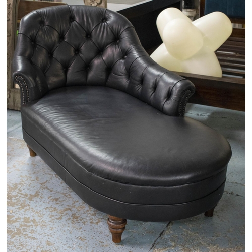 442 - CHAISE LONGUE, 88cm H x 169cm x 85cm, black leather.