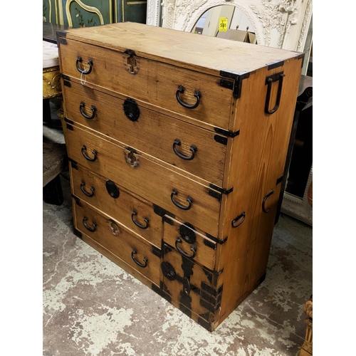 299 - JAPANESE TANSU, 89cm W x 40cm D x 103cm H, late 19th century firwood and iron bound with six drawers... 
