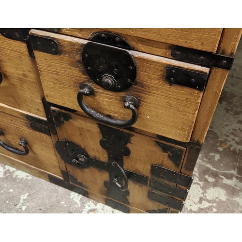 299 - JAPANESE TANSU, 89cm W x 40cm D x 103cm H, late 19th century firwood and iron bound with six drawers... 