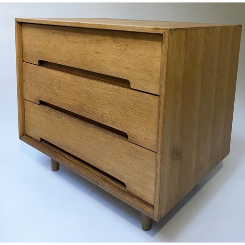 438 - CHEST, 76cm W x 46cm D x 76cm H, mid 20th century oak, with three long drawers and turned tapering s... 
