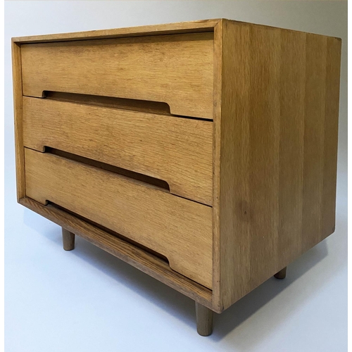 438 - CHEST, 76cm W x 46cm D x 76cm H, mid 20th century oak, with three long drawers and turned tapering s... 