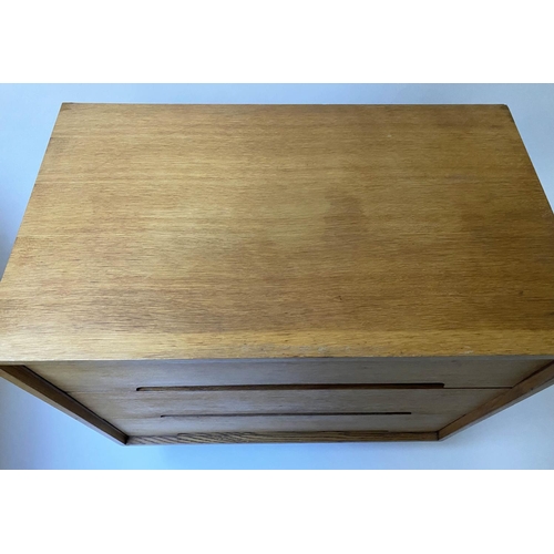 438 - CHEST, 76cm W x 46cm D x 76cm H, mid 20th century oak, with three long drawers and turned tapering s... 