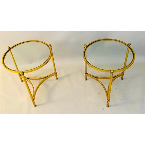 409 - MAISON BAGUES STYLE SIDE TABLES, a pair, 45cm x 43cm, gilt metal and glass. (2)