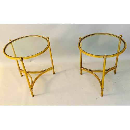 409 - MAISON BAGUES STYLE SIDE TABLES, a pair, 45cm x 43cm, gilt metal and glass. (2)