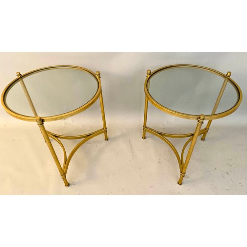 409 - MAISON BAGUES STYLE SIDE TABLES, a pair, 45cm x 43cm, gilt metal and glass. (2)