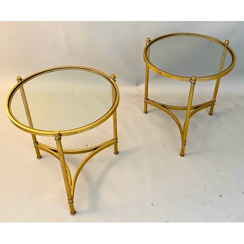 409 - MAISON BAGUES STYLE SIDE TABLES, a pair, 45cm x 43cm, gilt metal and glass. (2)