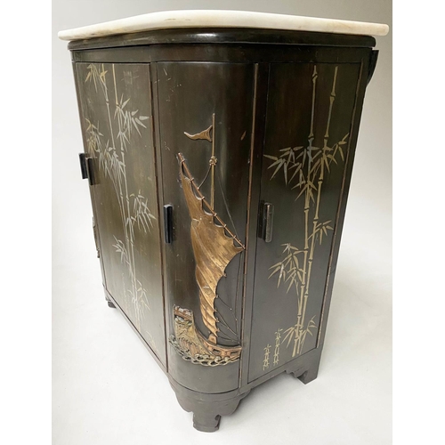 187 - CHINESE COCKTAIL CABINET, early 20th century Chinese export, lacquer and silver metal bamboo tree in... 