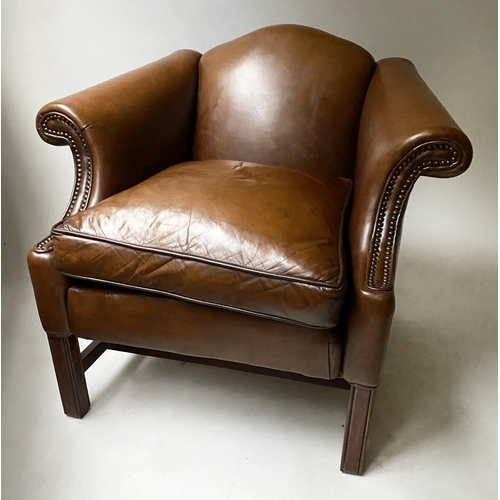 189 - CLUB ARMCHAIR, George III style mahogany, with natural hide leather upholstery and stretchered suppo... 