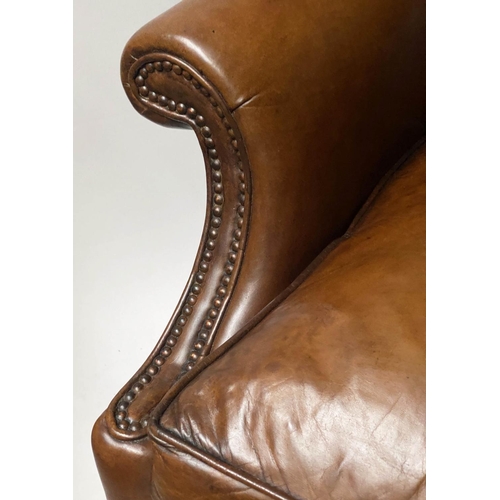 189 - CLUB ARMCHAIR, George III style mahogany, with natural hide leather upholstery and stretchered suppo... 